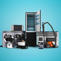 Household appliances including vacuum cleaner, refrigerator, microwave, and washing machine